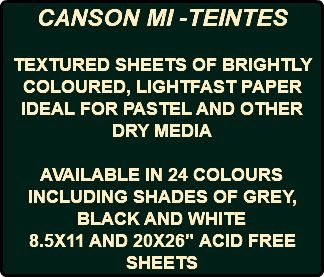 CANSON MI -TEINTES TEXTURED SHEETS OF BRIGHTLY COLOURED, LIGHTFAST PAPER IDEAL FOR PASTEL AND OTHER DRY MEDIA AVAILABLE IN 24 COLOURS INCLUDING SHADES OF GREY, BLACK AND WHITE 8.5X11 AND 20X26" ACID FREE SHEETS